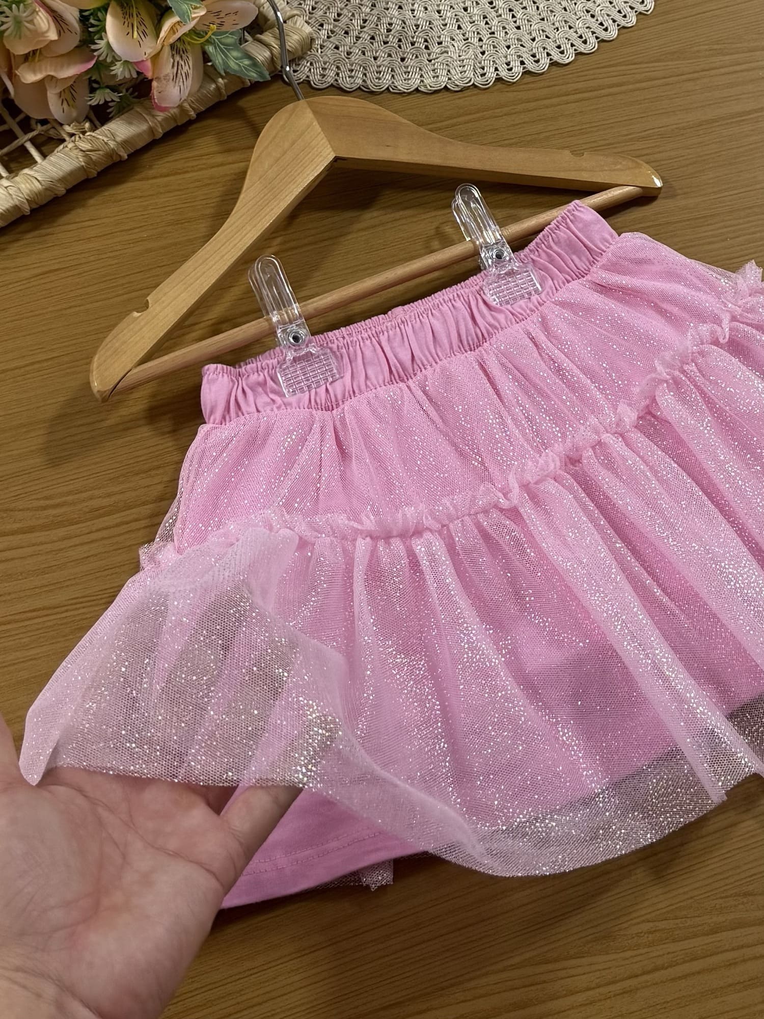 Saia Infantil Cinti Verão Rosa em Tule com Brilho
