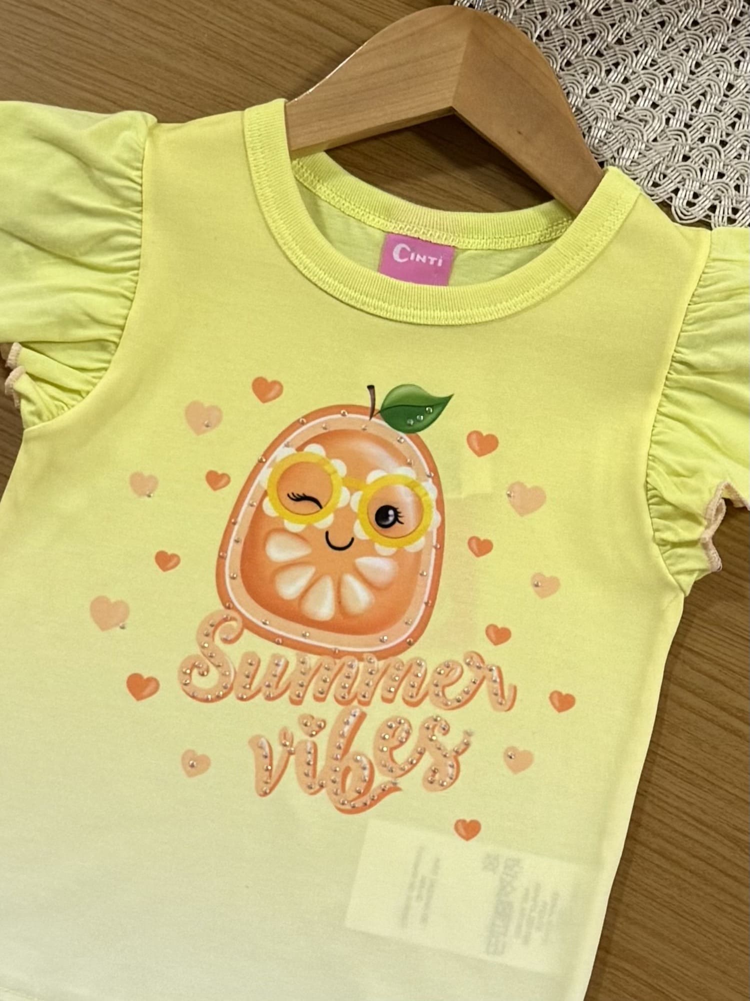 Blusa Infantil Cinti Verão Amarela Laranjinha com Strass