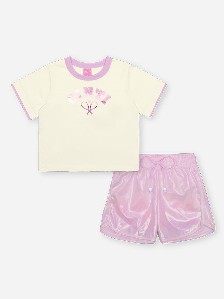 Conjunto Infantil Cinti Verão com Shorts Holográfico Rosa e Blusa Branca Sport