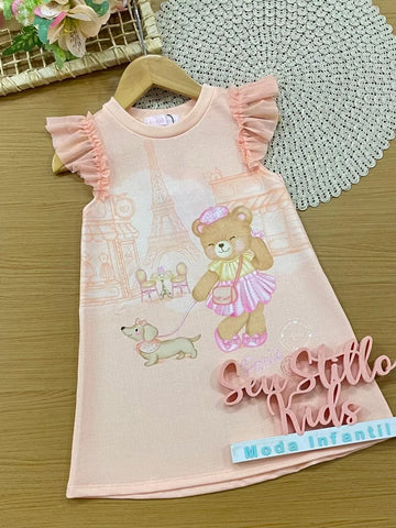Vestido Infantil Kukiê Salmão Ursinha Paris