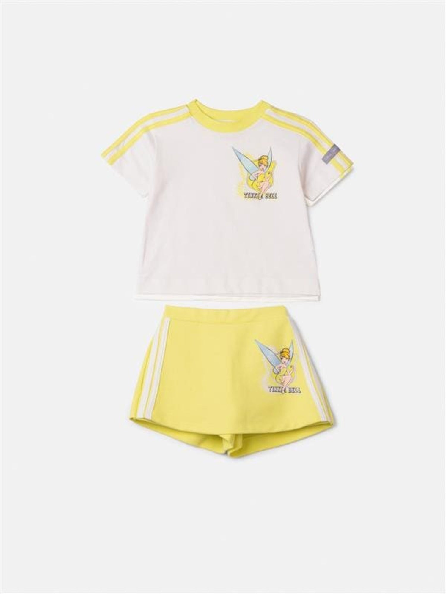 Conjunto Infantil Animê Verão com Shorts Saia Amarelo e Blusa Branca Tinker Bell Disney
