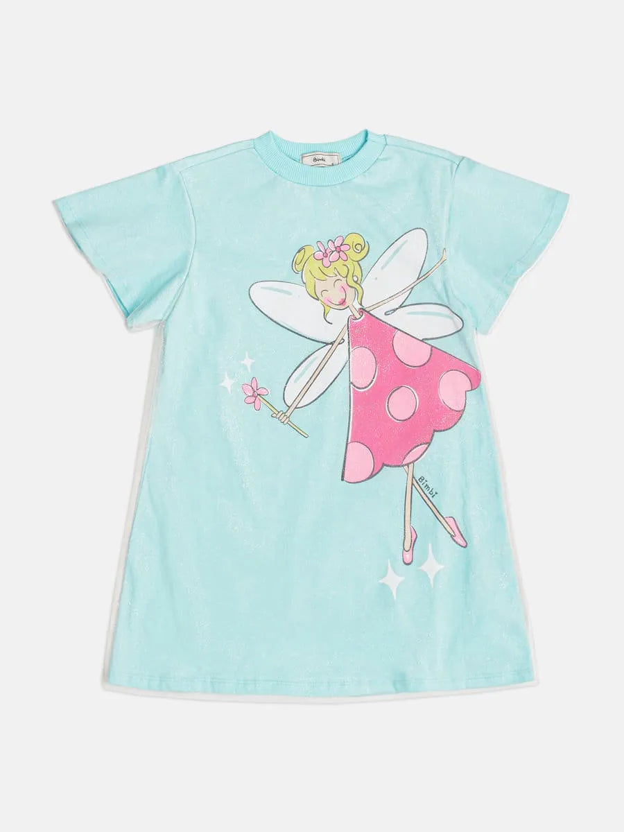 Vestido Infantil Bimbi com Sobreposição em Tule Azul Fadinha