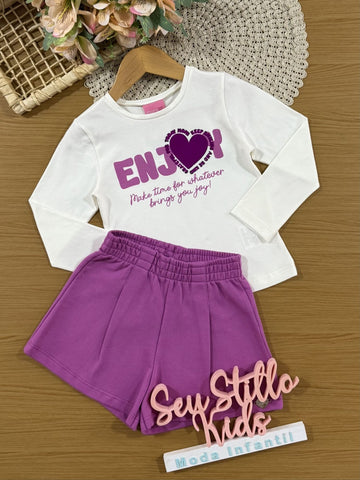 Conjunto Infantil Momi Inverno com Shorts Lilás e Blusa Branca Coração