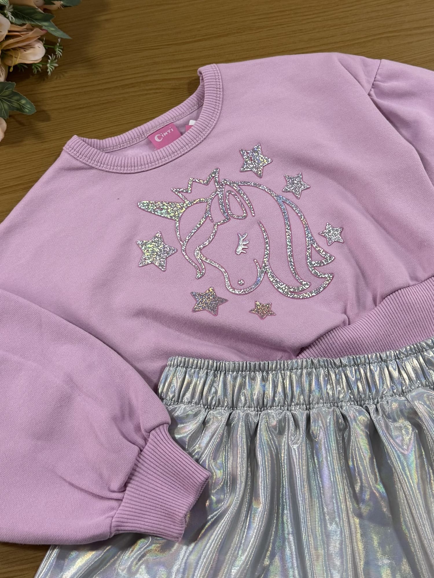 Conjunto Infantil Cinti Inverno Saia e Moletom Flanelado Lilás Unicórnio