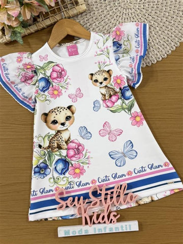 Vestido Infantil Cinti Verão Branco Oncinha Floral