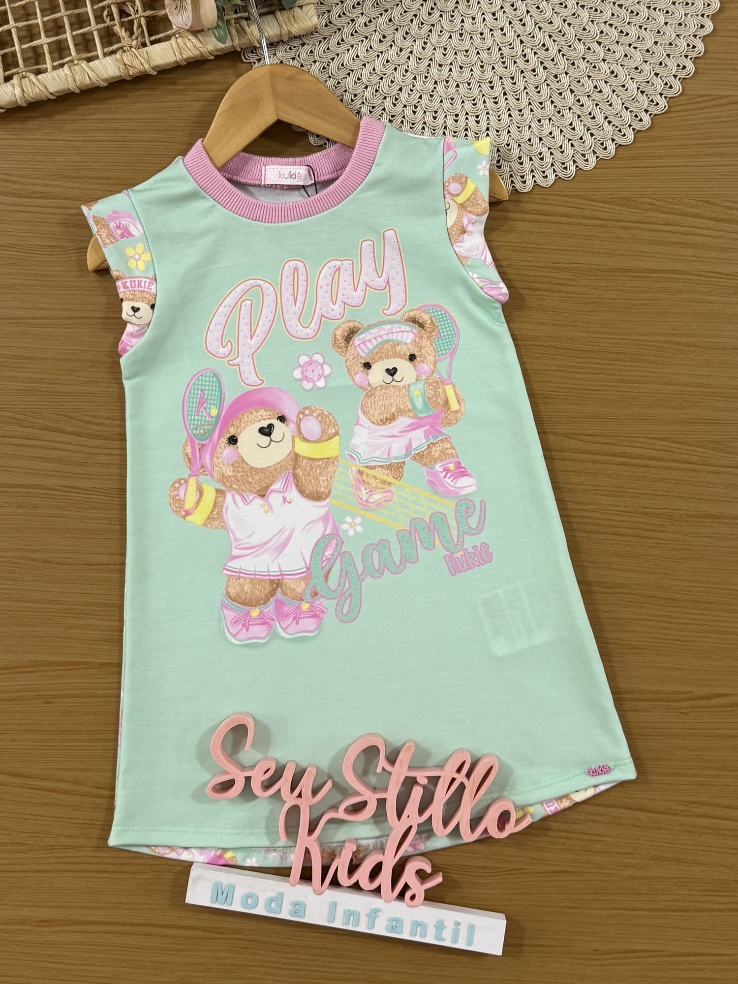 Vestido Infantil Kukiê Verão Verde Ursinhas Tênista