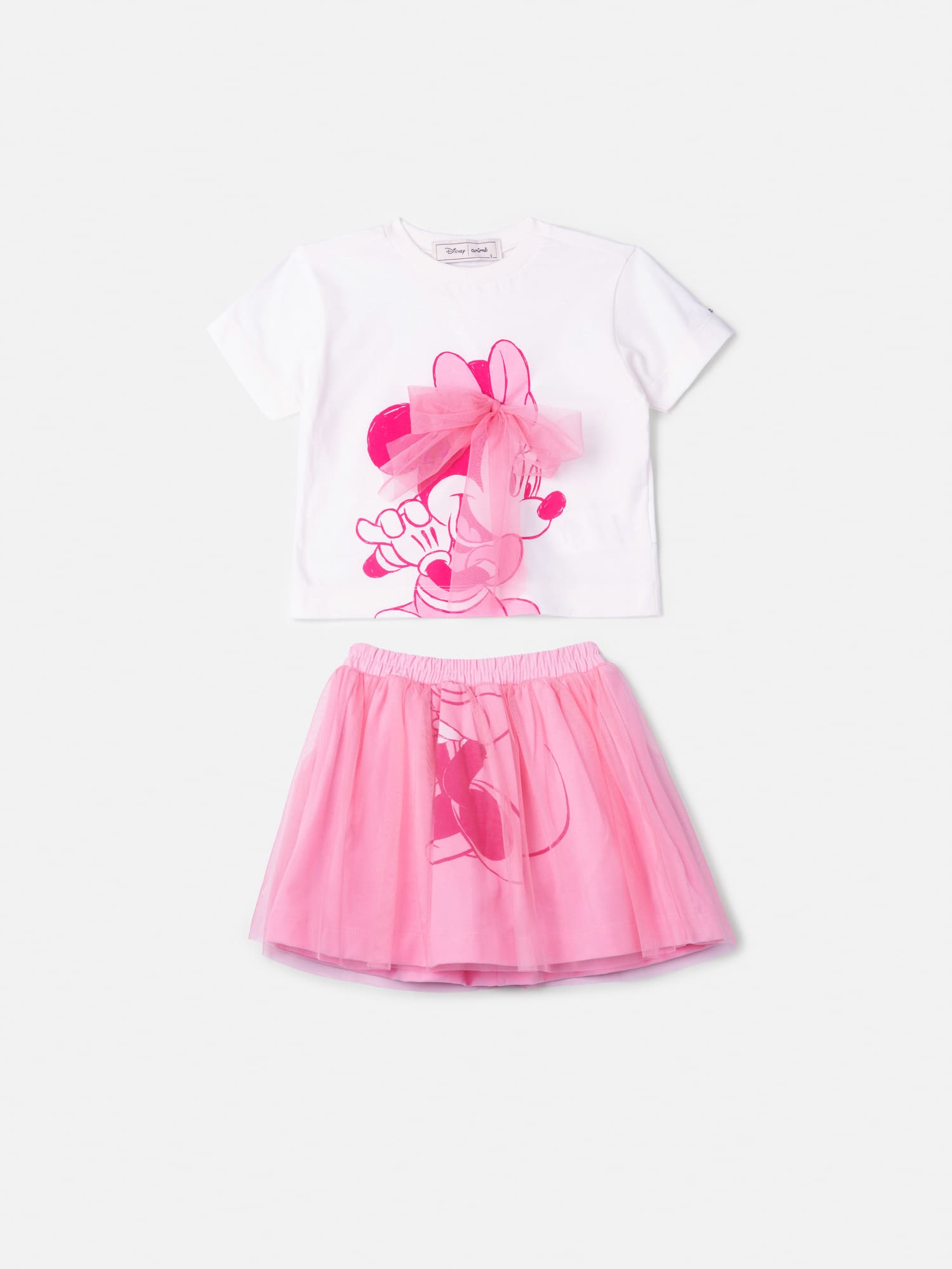 Conjunto Infantil Animê Verão com Saia em Tule Rosa e Blusa Branca Minnie Laço Disney