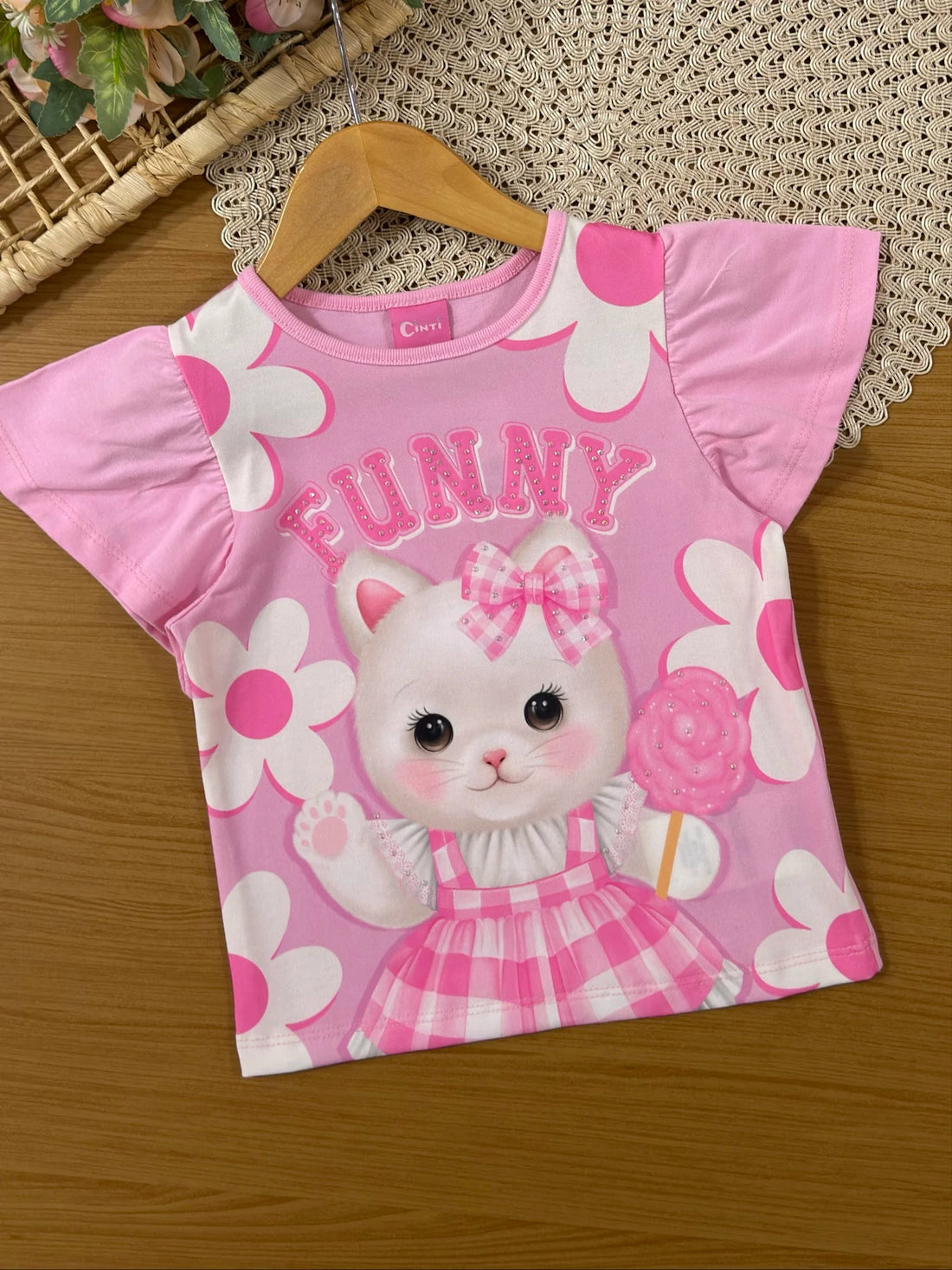 Conjunto Infantil Cinti Inverno  com Shorts Cinza e Blusa Manga Curta Gatinha Funny