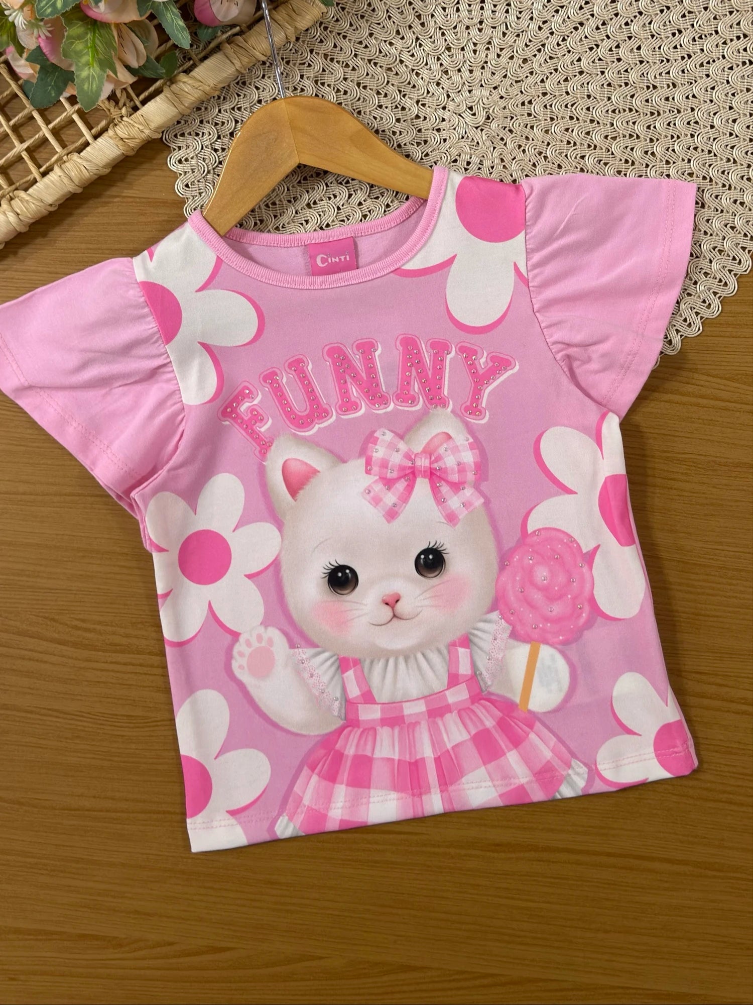 Conjunto Infantil Cinti Inverno  com Shorts Cinza e Blusa Manga Curta Gatinha Funny