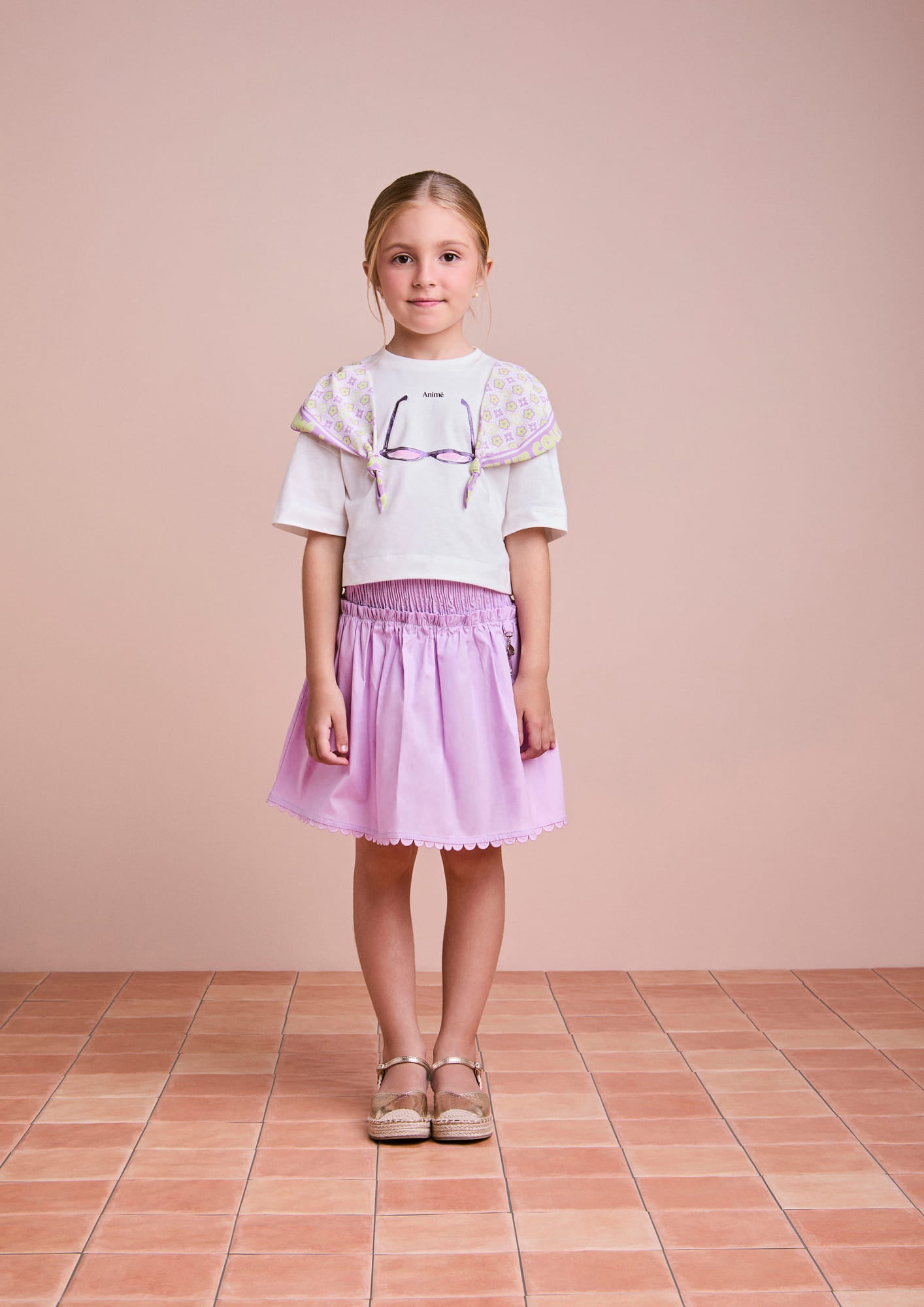 Conjunto Infantil Animê Verão com Saia Lilás e Blusa Branca Fashion