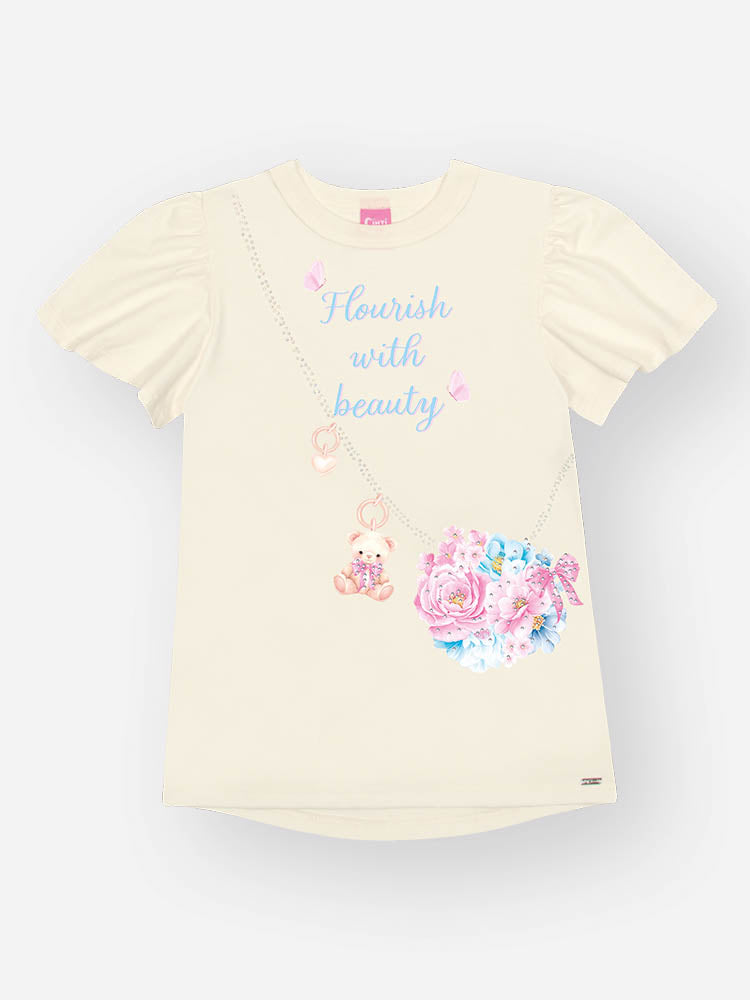 Conjunto Infantil Cinti Verão Calça Legging Rosa e Blusa Branca Flores com Strass