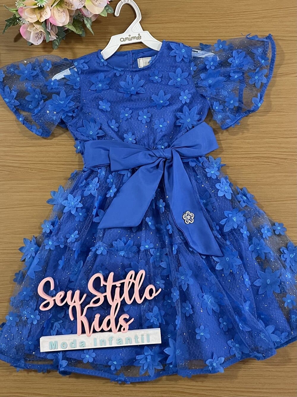 Vestido Infantil Animê Verão Azul Flores 3D
