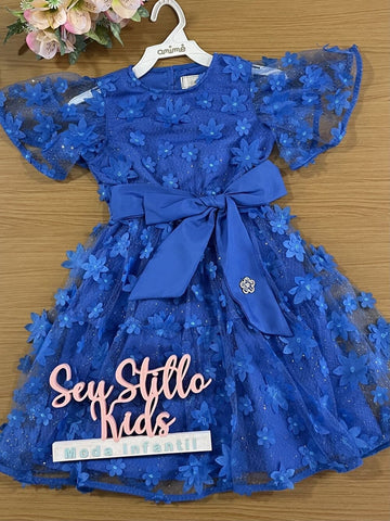 Vestido Infantil Animê Verão Azul Flores 3D