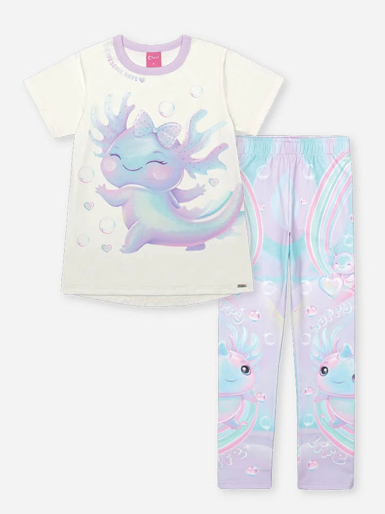 Conjunto Infantil Cinti Verão com Calça Legging Lilás e Blusa Axolote