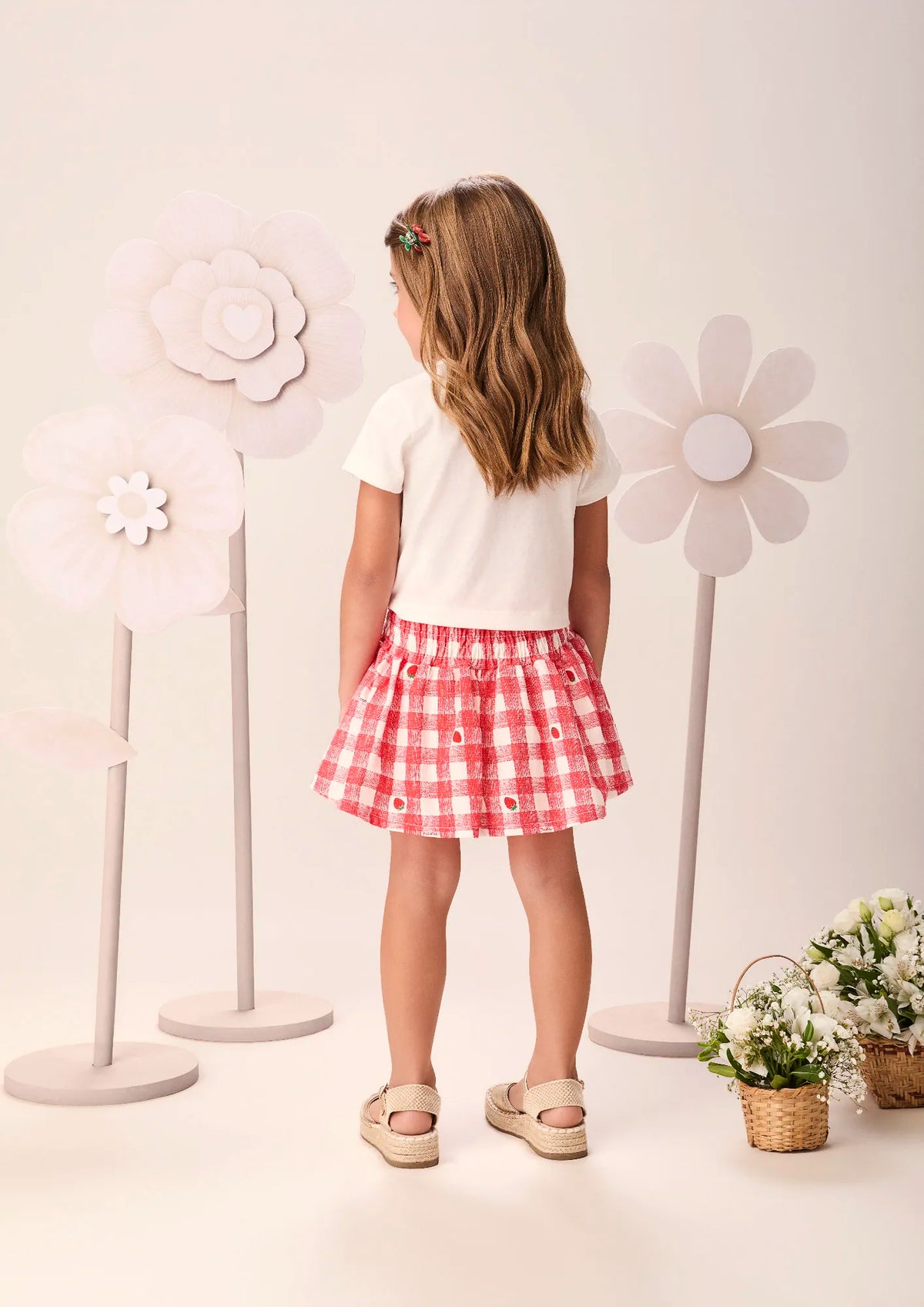 Conjunto Infantil Menina Momi com Saia Vermelha Xadrez e Blusa Branca Picnic Strass