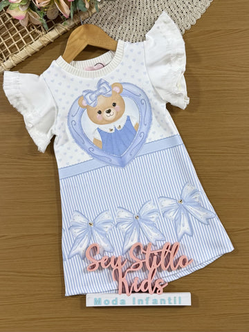 Vestido Infantil Kukiê Manga Curta Azul Ursinha com Strass
