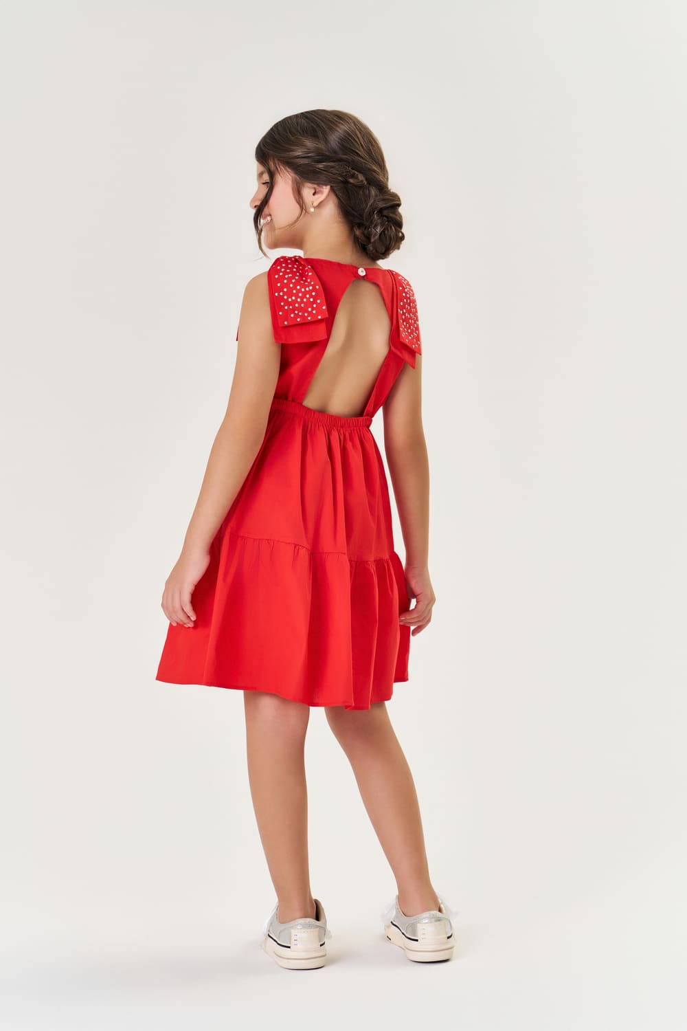 Vestido Infantil Cinti Verão Vermelho com Laços Strass Natal