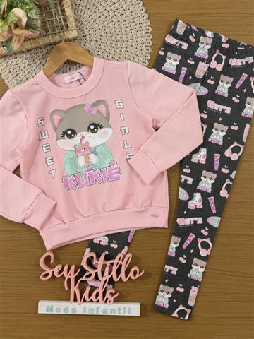 Conjunto Infantil Kukiê Inverno com Calça Legging e Moletom Sem Flanela Rosa Gatinha