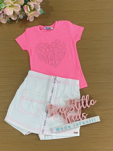Conjunto Infantil Kukie Verão Com Saia e Blusa Rosa Girl