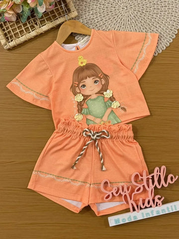 Conjunto Infantil Menina Kukiê com Shorts e Blusa Laranja Menina Florista