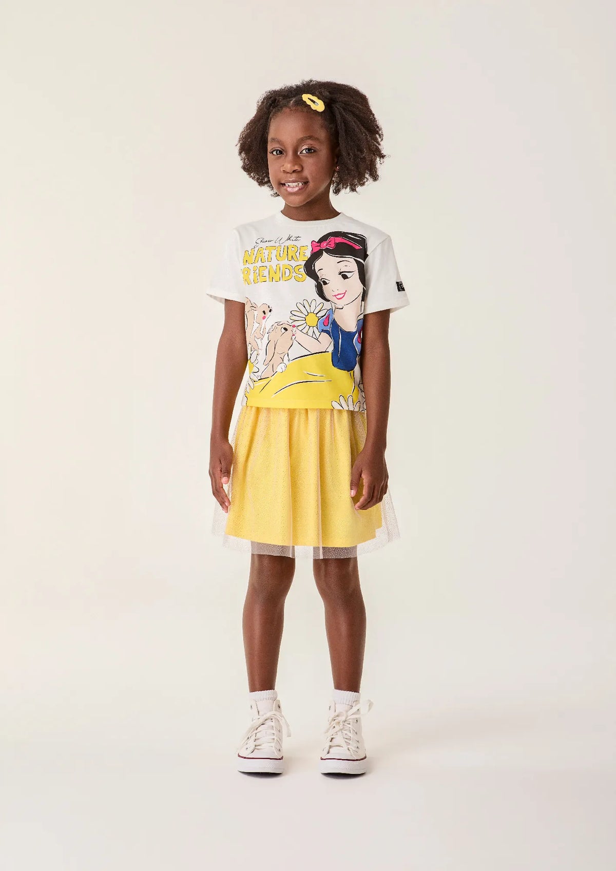 Conjunto Infantil Menina Bimbi Saia Amarela em Tule e Blusa Branca de Neve Disney