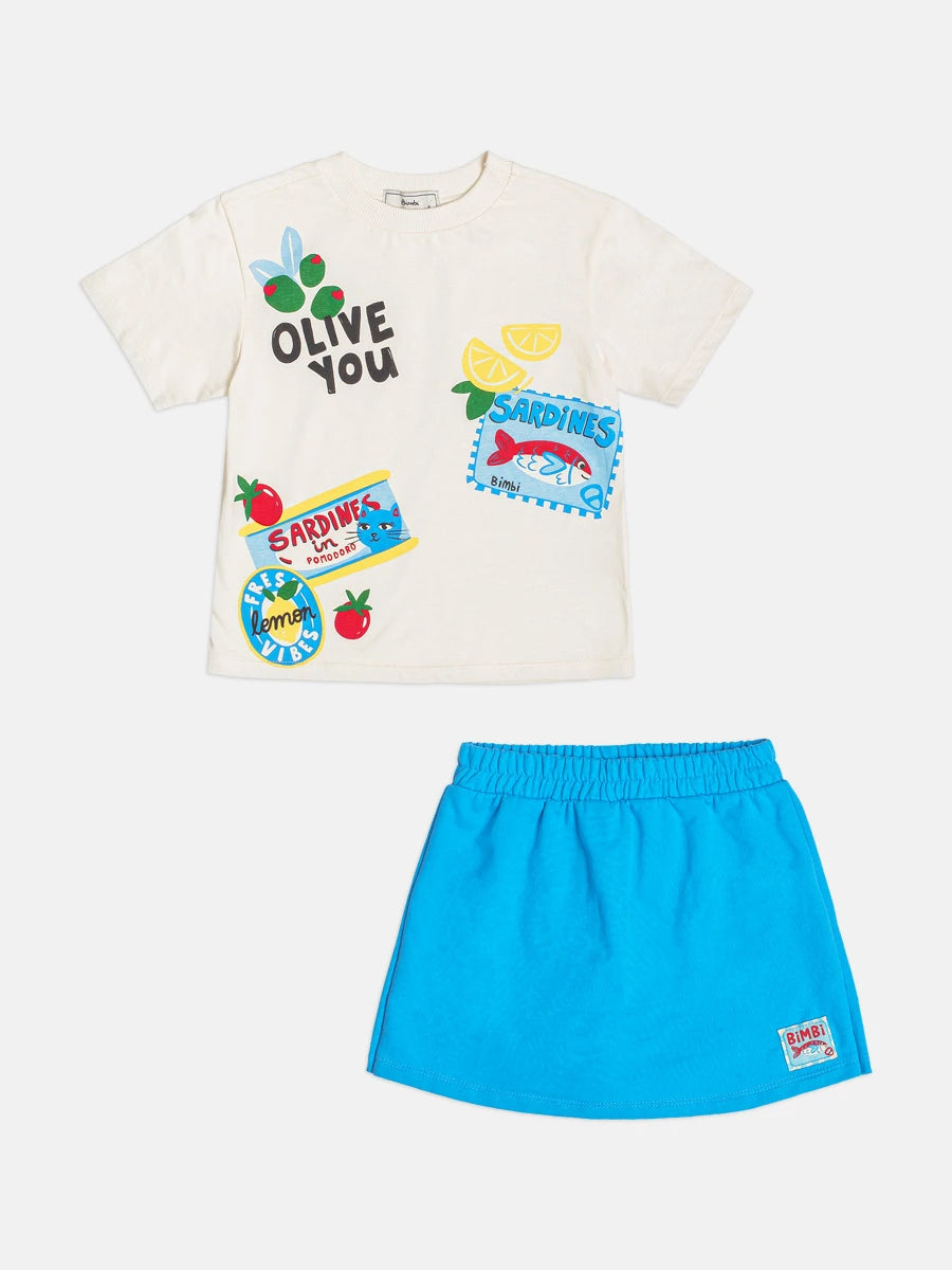 Conjunto Infantil Menina Bimbi com Shorts Saia Azul e Blusa Sardinha