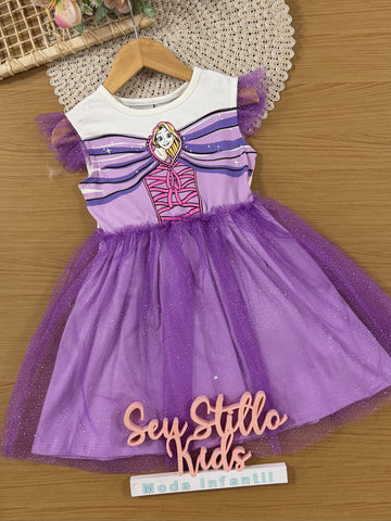 Vestido Infantil Bimbi Inverno Lilás com Tule e Glitter Rapunzel Disney
