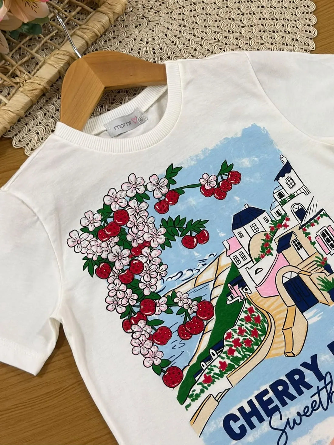Blusa Infantil Menina Momi Branca Cherry Fun com Strass