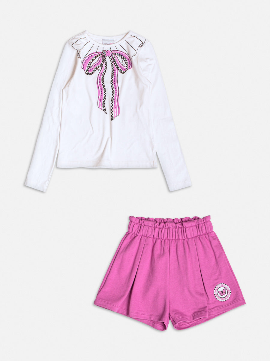 Conjunto Infantil Momi Inverno com Shorts Roxo e Blusa Manga Longa Branca Lacinho
