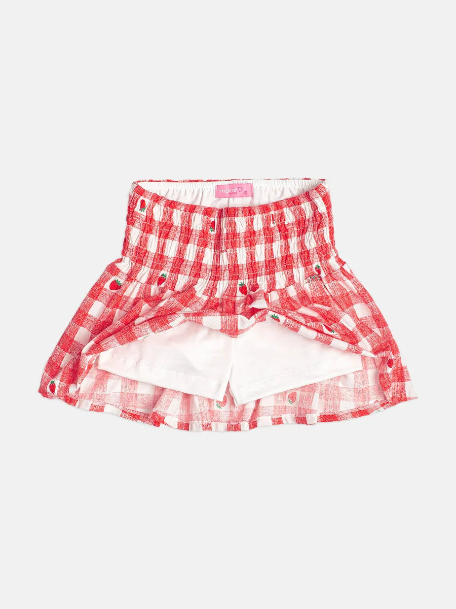 Conjunto Infantil Menina Momi com Saia Vermelha Xadrez e Blusa Branca Picnic Strass