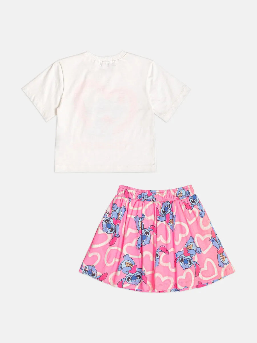 Conjunto Infantil Menina Momi Saia Rosa e Blusa Stitch Strass Disney