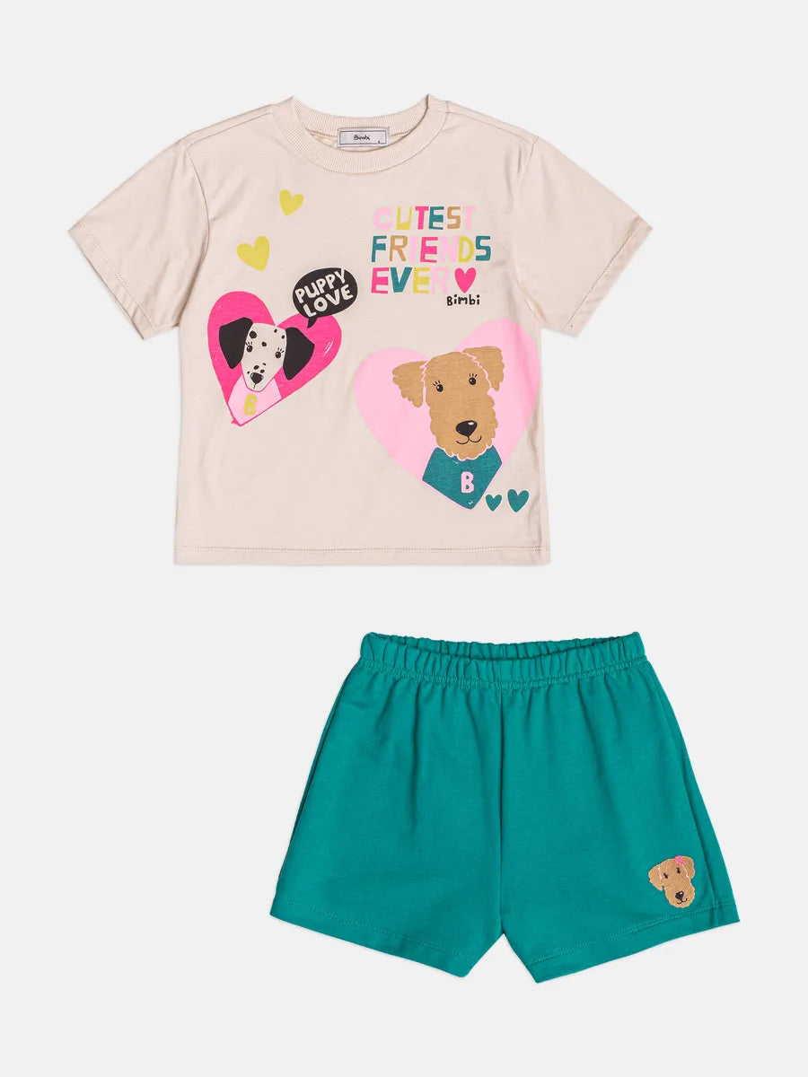 Conjunto Infantil Bimbi Inverno com Shorts Verde e Blusa Manga Curta Bege Dog Love