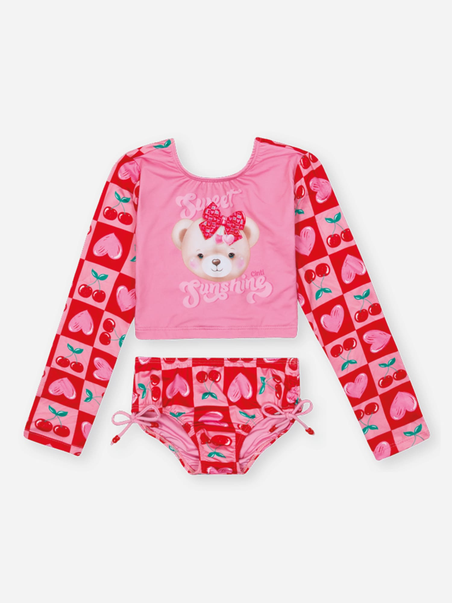 Biquíni Infantil Cinti Verão Manga Longa Rosa Ursinha