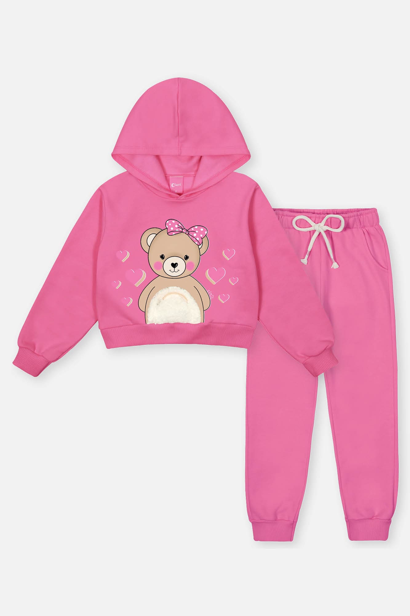 Conjunto Infantil Cinti Inverno Calça e Moletom Flanelado Bege Ursinha com Bolso