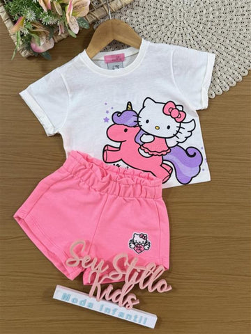 Conjunto Infantil Momi Verão com Shorts Rosa e Blusa Branca Hello Kitty Unicórnio