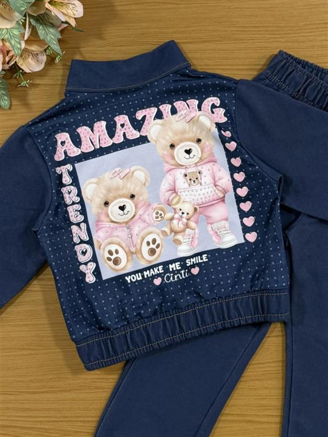 Conjunto Infantil Cinti Inverno com Calça e Jaqueta Jeans Ursinhos
