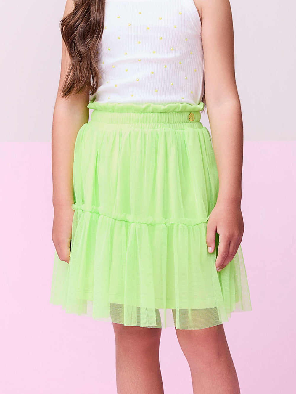 Conjunto Infantil Momi Verão Saia em Tule Verde e Blusa Canelada Com Brilho