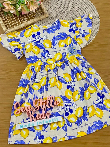 Vestido Infantil Animê Bege Minnie e Mickey Limoes Disney