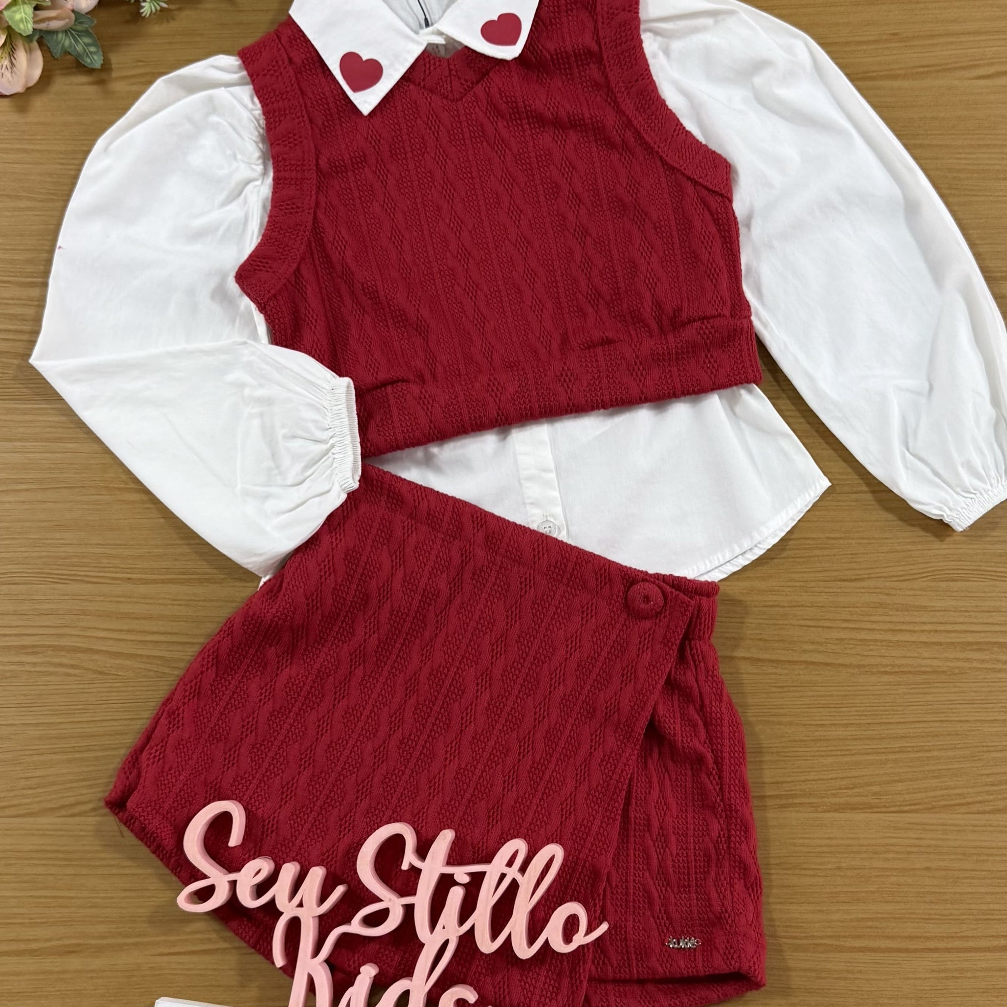 Conjunto Infantil Kukie Inverno Camisa Com Colete e Shorts Saia