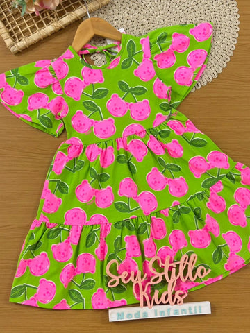 Vestido Infantil Momi Verde Ursinho Cereja