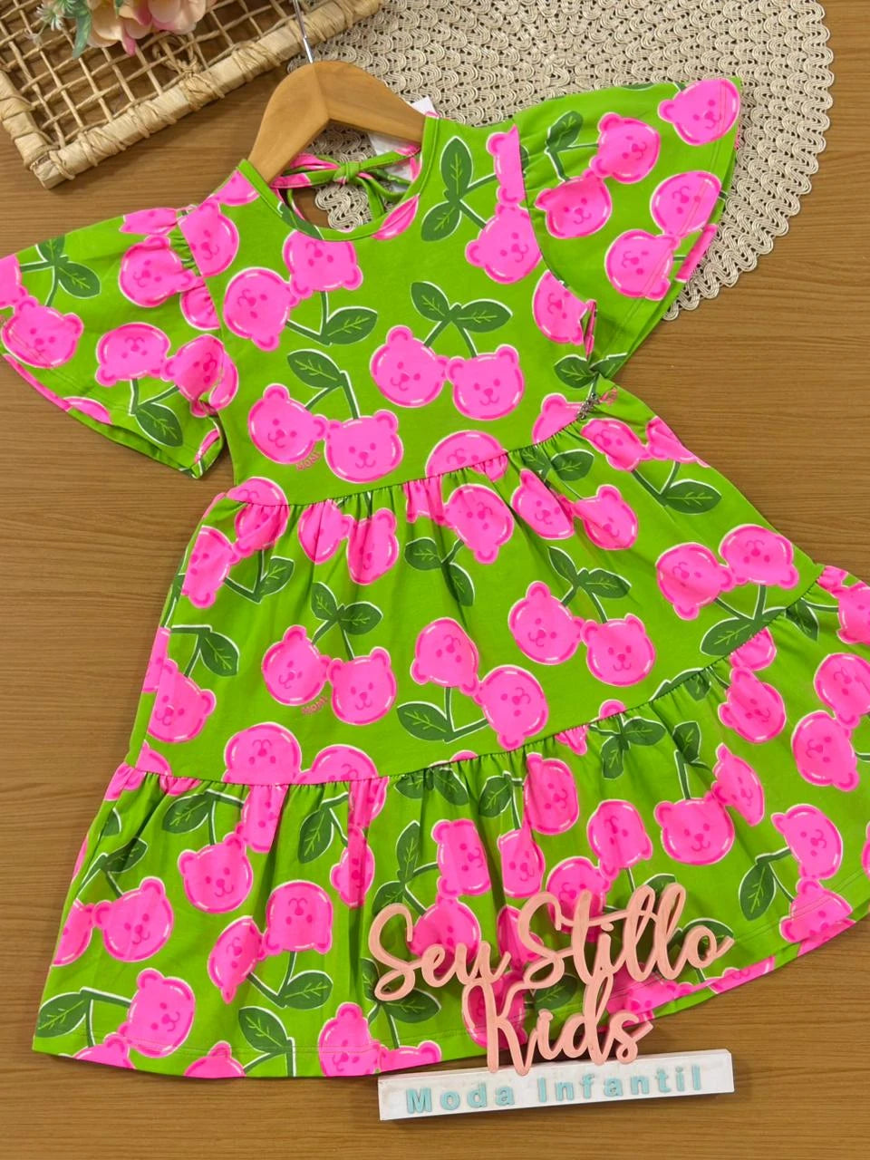 Vestido Infantil Momi Verde Ursinho Cereja