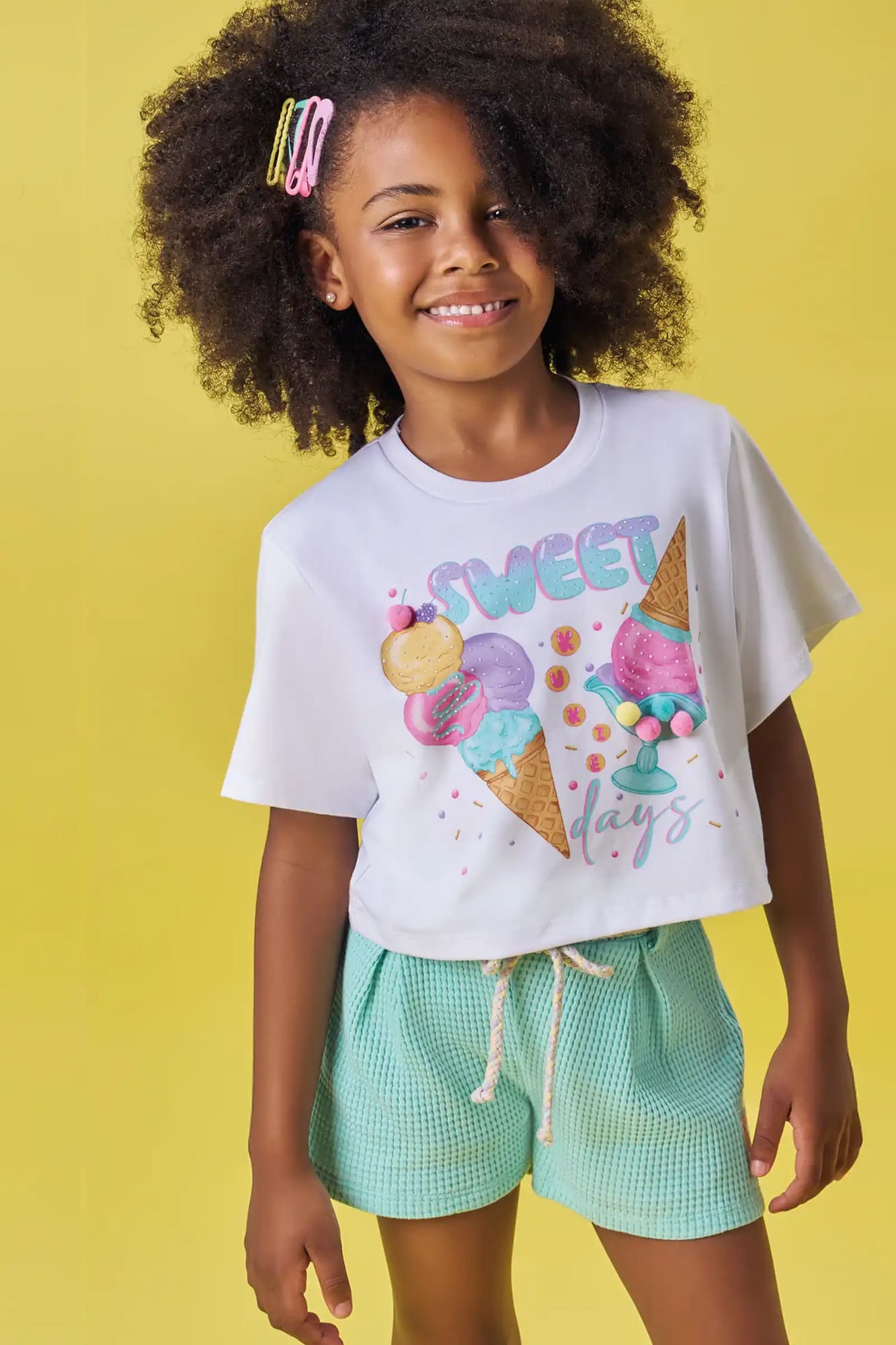 Conjunto Infantil Kukiê Verão com Shorts Verde e Blusa Branca Sorvetinho