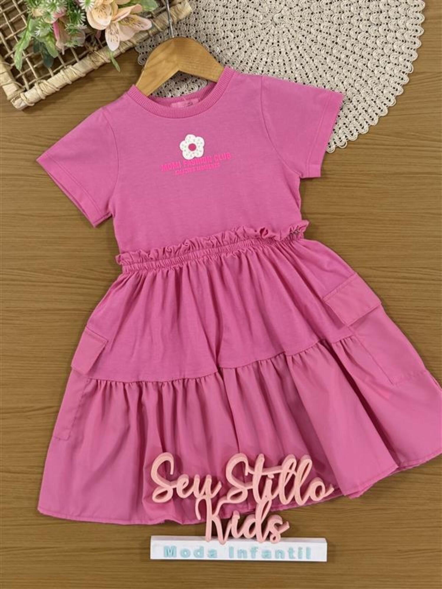 Vestido Infantil Momi Verão Rosa Florzinha com Strass
