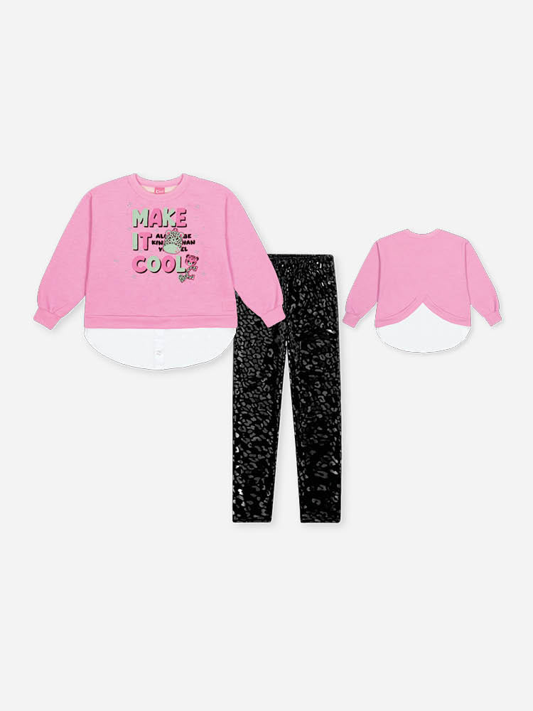 Conjunto Infantil Cinti Inverno com Calça Legging Preta e Moletom Rosa Make It Cool