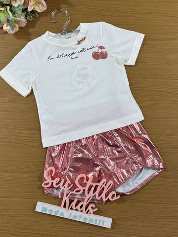 Conjunto Infantil Animê Verão  Shorts Metalizado Rosê e Blusa Cereja