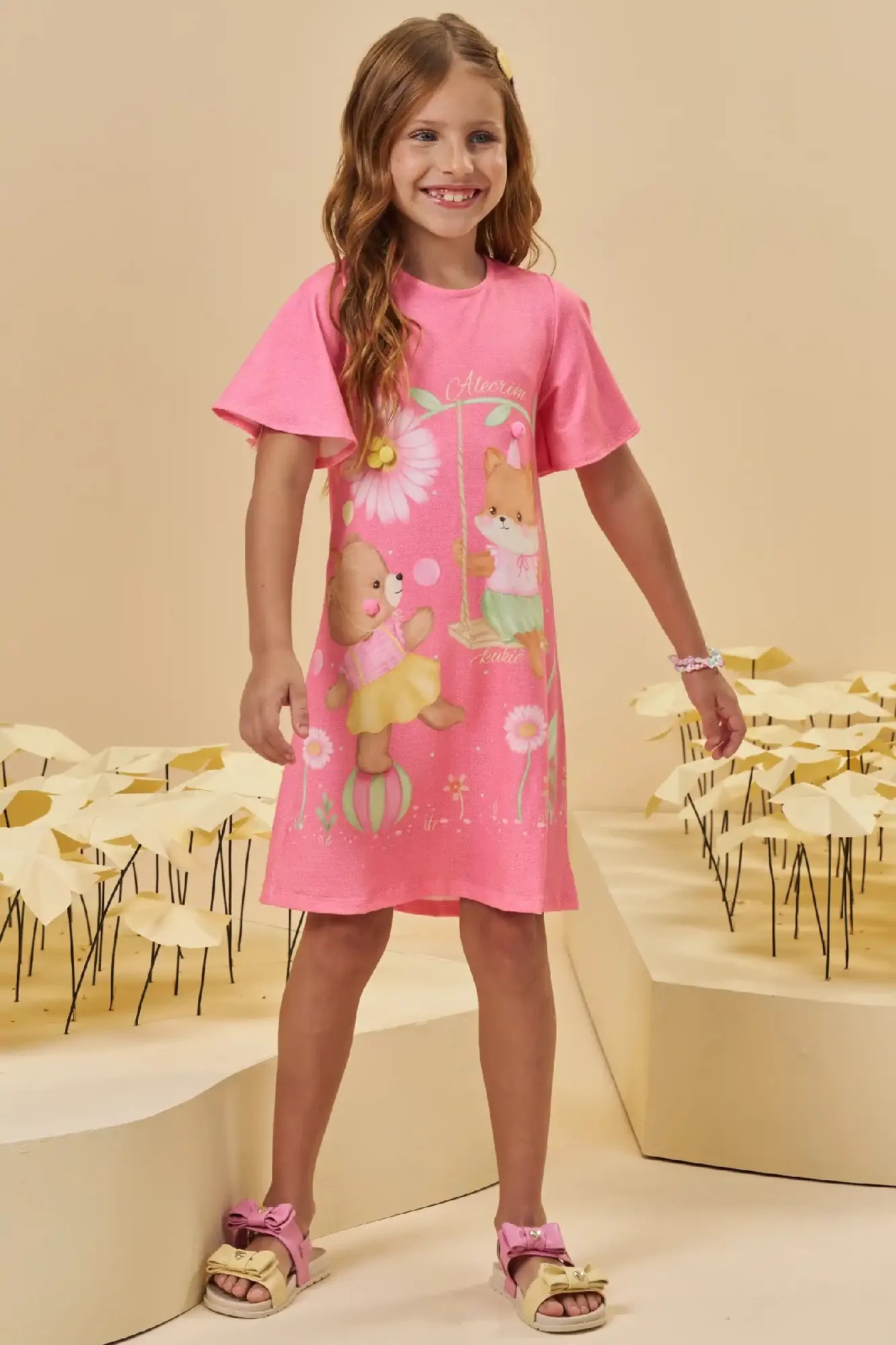 Vestido Infantil Kukiê Verão Rosa Roposinha e Ursinha