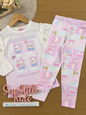 Conjunto Infantil Cinti Inverno com Calça Leggnig Rosa e Blusa Manga Longa Gatinha Feel Great