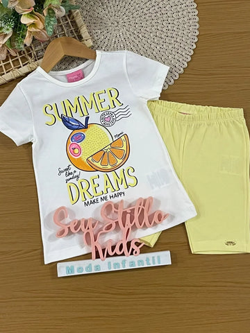 Conjunto Infantil Menina Momi Shorts Ciclista Amarelo e Blusa Laranjinha Strass