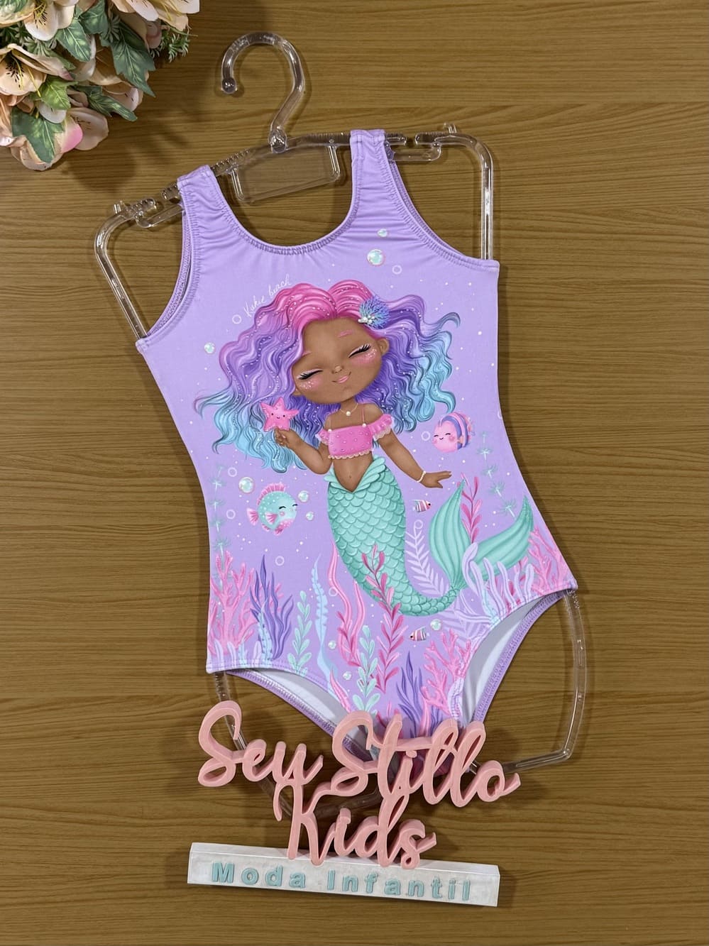 Maiô Infantil Kukie Verão Lilás Sereia com Strass e Bolsinha