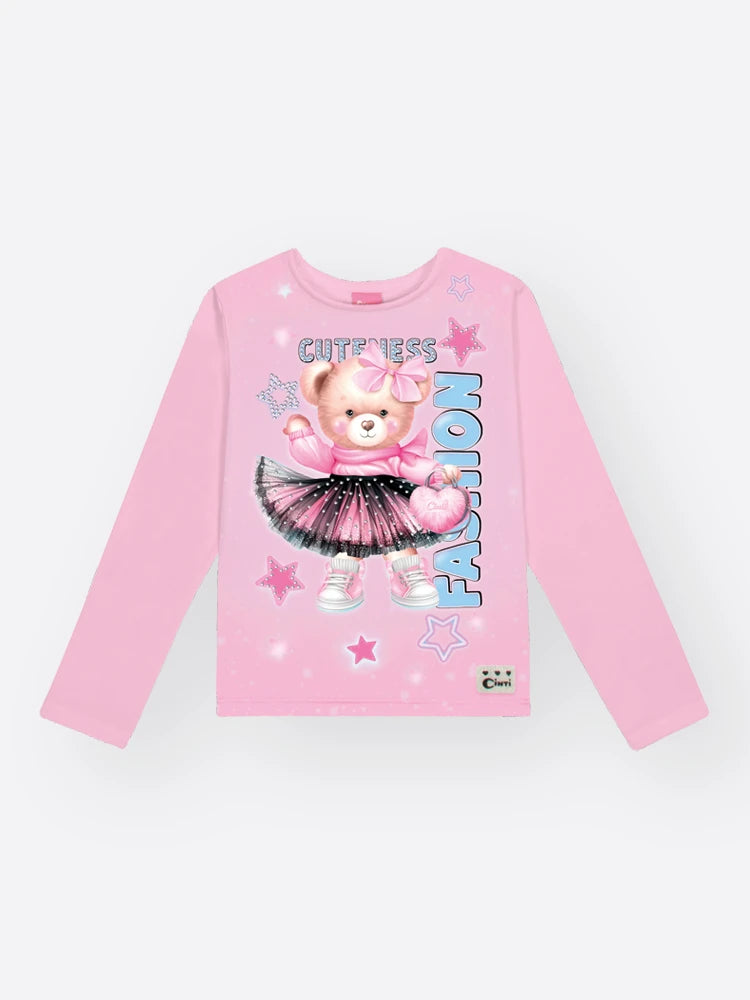 Blusa Infantil Cinti Inverno Manga Longa Térmica Rosa Ursinha Fashion